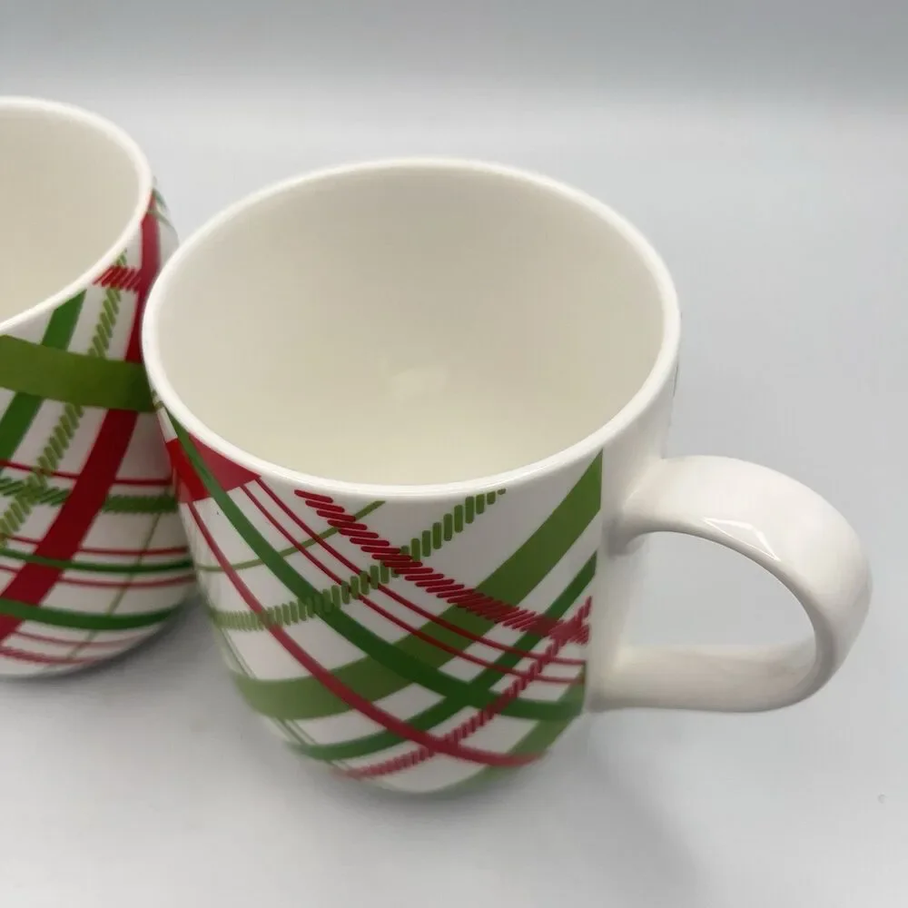 Crate & Barrel Red & Green Plaid Christmas Holiday Cups Mugs ~ Set of 2